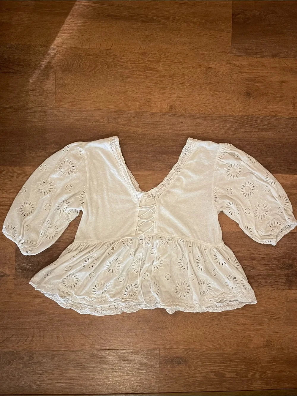 Free People White Med Sweeter Side Boho Eyelet Cottagecore Festival Puff Sleeve